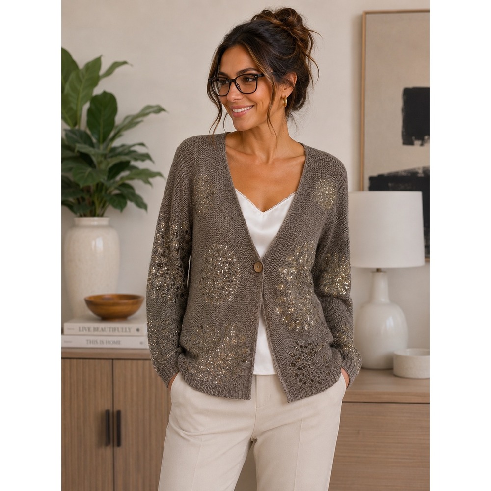 Chico's Womens Cardigan Size 3 Brown Gold Metallic Knit Button Front Sweater